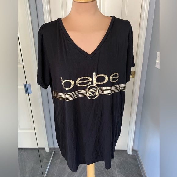 Bebe Sport Black & Gold Spellout V Neck T Shirt - Picture 1 of 8